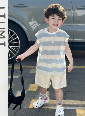 男童套装夏季新款儿童蓝色透气条纹背心度假男宝宝休闲帅气短裤子