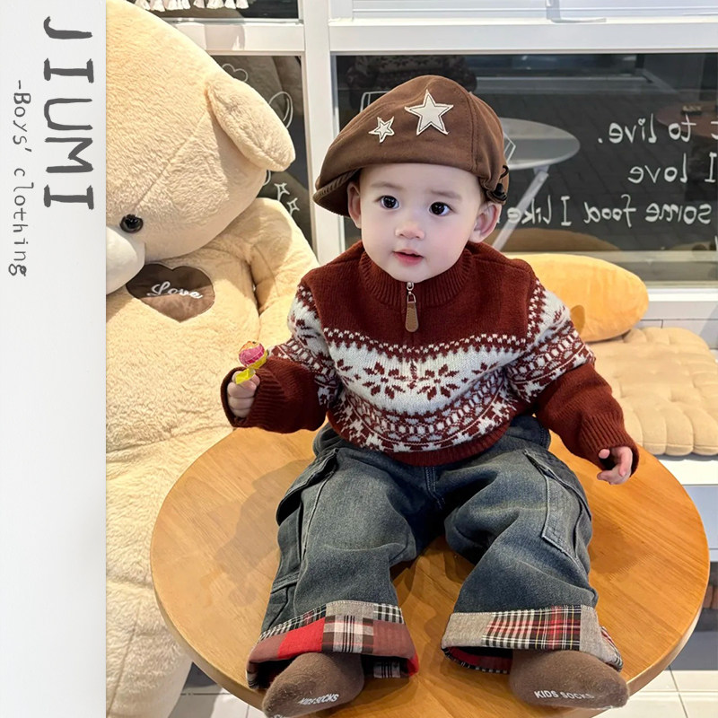 男童冬季加厚休闲风针织衫儿童洋气费尔岛毛衣男宝格子拼接工装裤,童装/婴儿装/亲子装,套装,淘宝优惠券,粉丝福利购,淘宝优惠卷