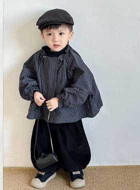 男童2026春季韩版格子外套夹克宝宝百搭休闲裤儿童时尚洋气套装潮