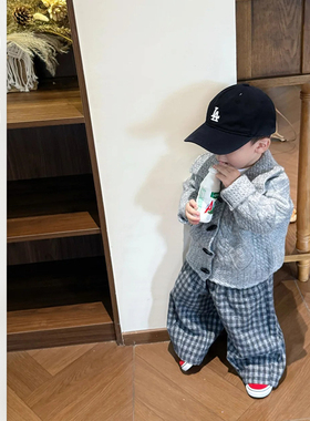 男童春季韩版翻领毛衣儿童百搭格子直筒裤男宝休闲时髦T恤三件套