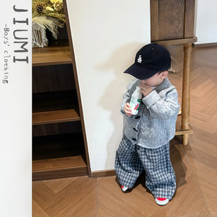 男宝休闲时髦T恤三件套 翻领毛衣儿童百搭格子直筒裤 男童秋季 韩版