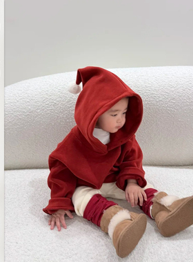 婴儿秋冬连帽卫衣套装男宝休闲红色上衣两件套宝宝洋气可爱连帽衫