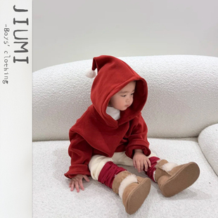 婴儿秋冬连帽卫衣套装 男宝休闲红色上衣两件套宝宝洋气可爱连帽衫