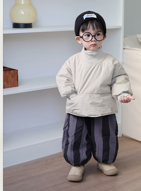 男女宝韩版棉服套装儿童百搭上衣T恤宝宝个性加厚条纹裤子三件套