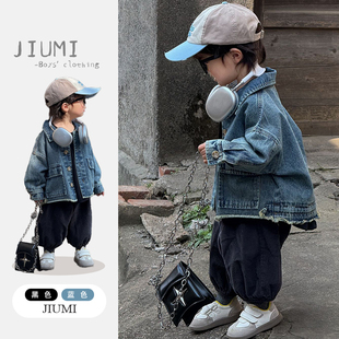潮 复古夹克阔腿裤 男童不规则上衣毛边牛仔外套三件套2025秋季 新款