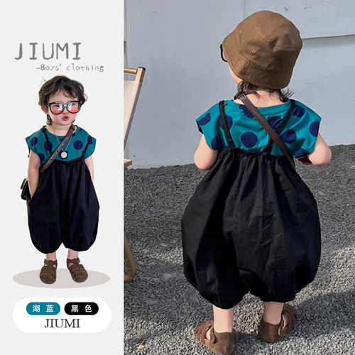 JIUMI春男无袖T恤吊带背带裤套装