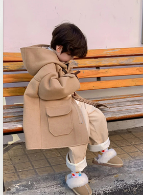 儿童洋气牛角扣呢子大衣儿童韩版连帽格子外套男宝休闲百搭上衣潮