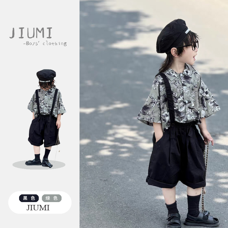 JIUMI男童夏装衬衫背带裤套装