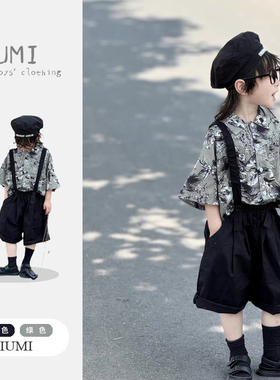 儿童夏装宽松绿色花朵短袖衬衫上衣男宝宝韩版纯色拆卸背带裤套装