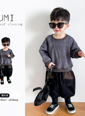 男童秋冬装2026新款加绒套头卫衣男宝宝宽松灯笼工装裤中小童套装