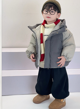 儿童冬季拼色连帽羽绒服套装男宝加绒宽松长裤男童保暖白鸭绒外套