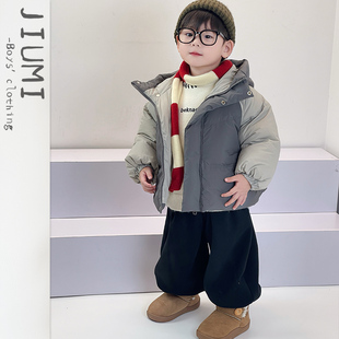 男童保暖白鸭绒外套 男宝加绒宽松长裤 儿童冬季 拼色连帽羽绒服套装
