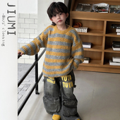 男童复古条纹撞色毛衣儿童时尚 潮 百搭套装 洋气设计感长裤 男宝韩版