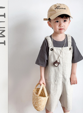 儿童棉麻吊带背带裤套装2026年夏季男童韩版短袖亲肤T恤1男宝夏装