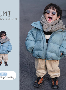 儿童冬季2026新款羽绒服韩版白鸭绒面包服条纹毛衣加绒灯芯绒裤子