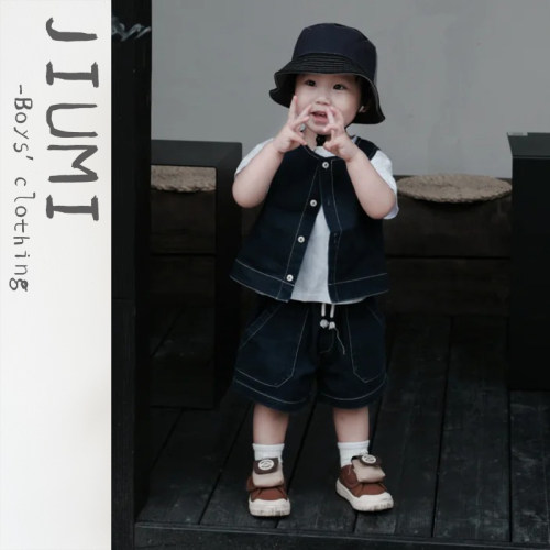 JIUMI男童夏季洋气牛仔马甲套装