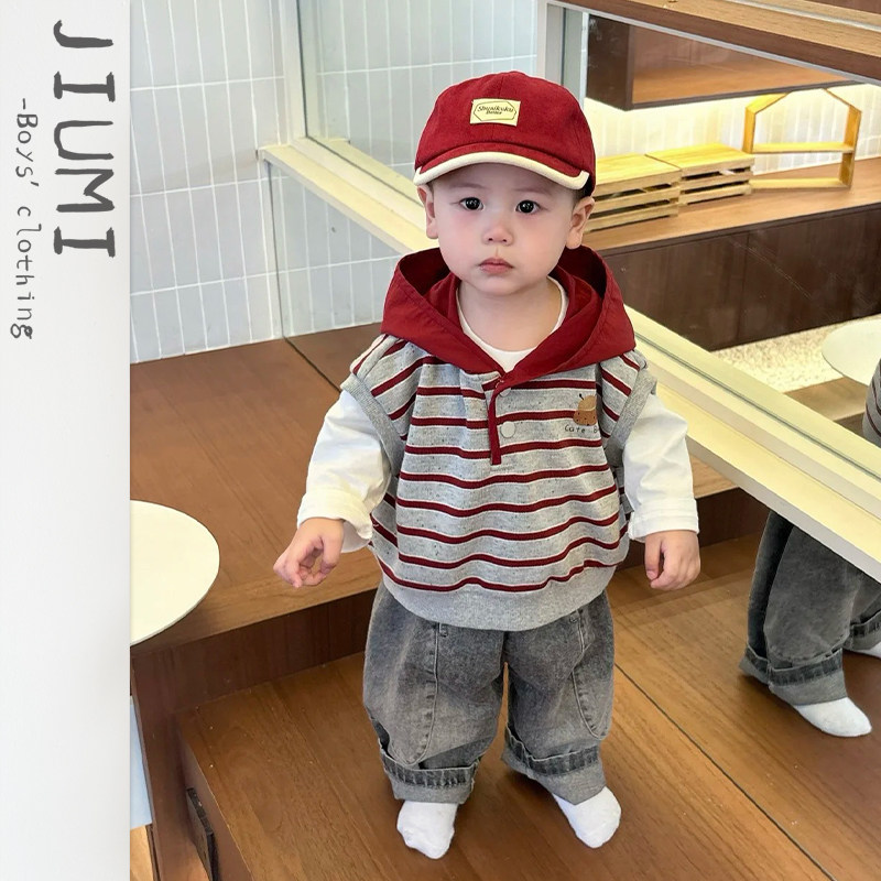 男童春季新款条纹马甲儿童韩版休闲字母印花T恤男宝时尚连帽套装