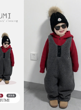 男童秋冬季2026新款加厚羊羔绒背带裤内搭针织开衫连帽中小童套装