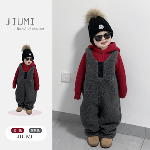 连帽中小童套装 男童秋冬季 内搭针织开衫 加厚羊羔绒背带裤 2025新款