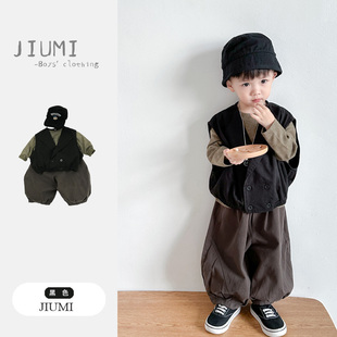 打底衫 男宝宝长袖 男童装 套装 春装 儿童痞帅马甲坎肩外套灯笼裤 春季