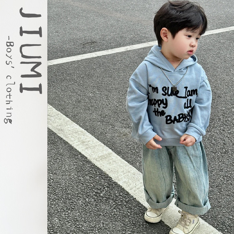 儿童春季字母连帽卫衣套装男宝宝韩版牛仔裤中小童休闲运动春装潮