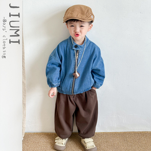 兒童秋新款 男寶寶百搭時髦夾克 機車風牛仔外套寶寶純色休閑闊腿褲