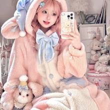 可爱momo兔睡袍女秋冬季珊瑚绒睡衣可外穿新款加厚毛绒家居服套装