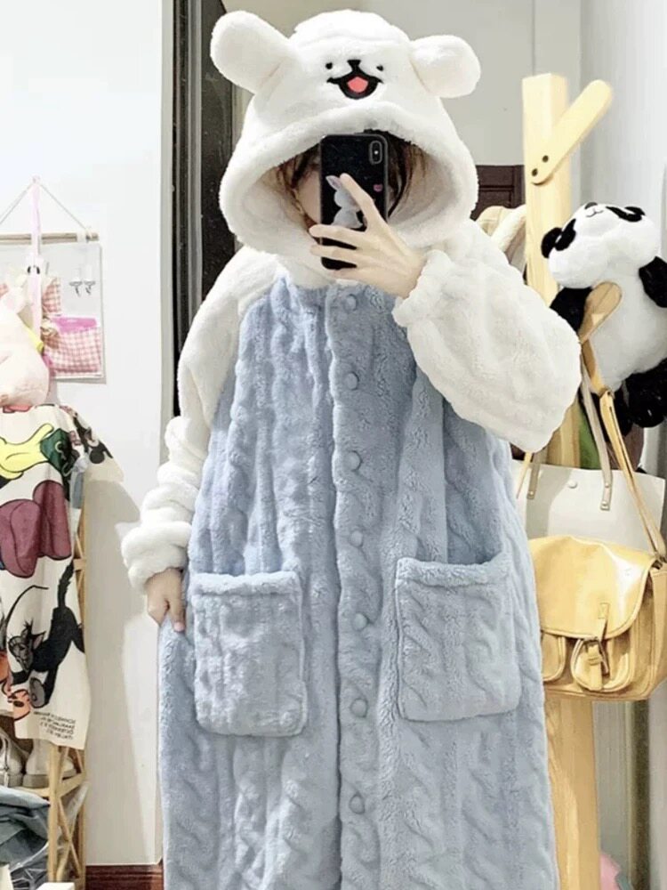 线条小狗睡袍女秋冬季珊瑚绒加厚连帽长款睡衣初中学生大童家居服