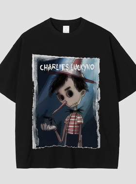 CHARLIES LUCKYNO匹诺曹童话欧美艺术黑色环保喷绘情侣款短袖T恤