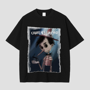 CHARLIES LUCKYNO匹诺曹童话欧美艺术黑色环保喷绘情侣款短袖T恤