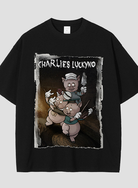 CHARLIES LUCKYNO三只小猪童话潮牌黑色艺术喷绘男女情侣短袖T恤