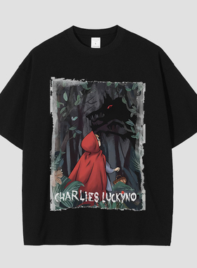 CHARLIES LUCKYNO小红帽暗黑潮牌黑色环保喷绘印花情侣款短袖T恤