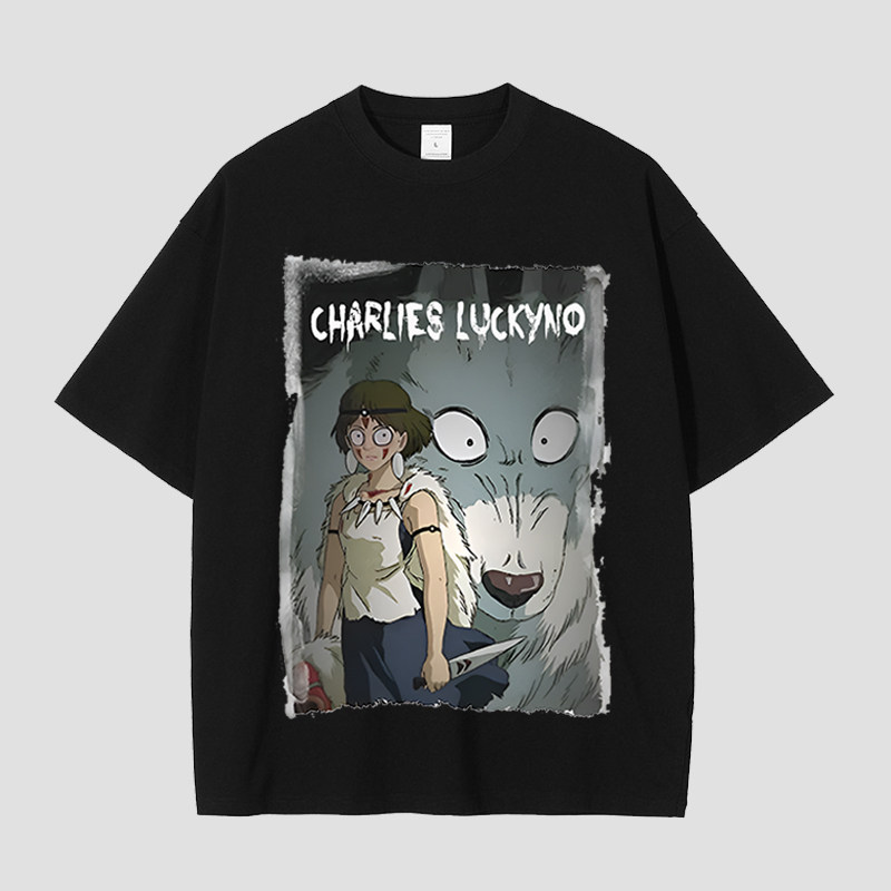 CHARLIES LUCKYNO幽灵公主艺术喷绘潮牌黑色宽松情侣款短袖T恤