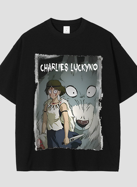 CHARLIES LUCKYNO幽灵公主艺术喷绘潮牌黑色宽松情侣款短袖T恤