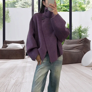 韩版气质立领小个子短款双面呢手工羊绒大衣女士毛呢外套2025新款