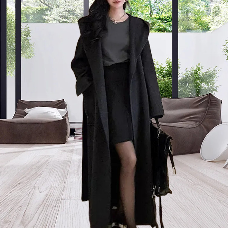 2025秋冬新款韩系简约连帽加长款双面羊绒大衣女浴袍款羊毛呢外套