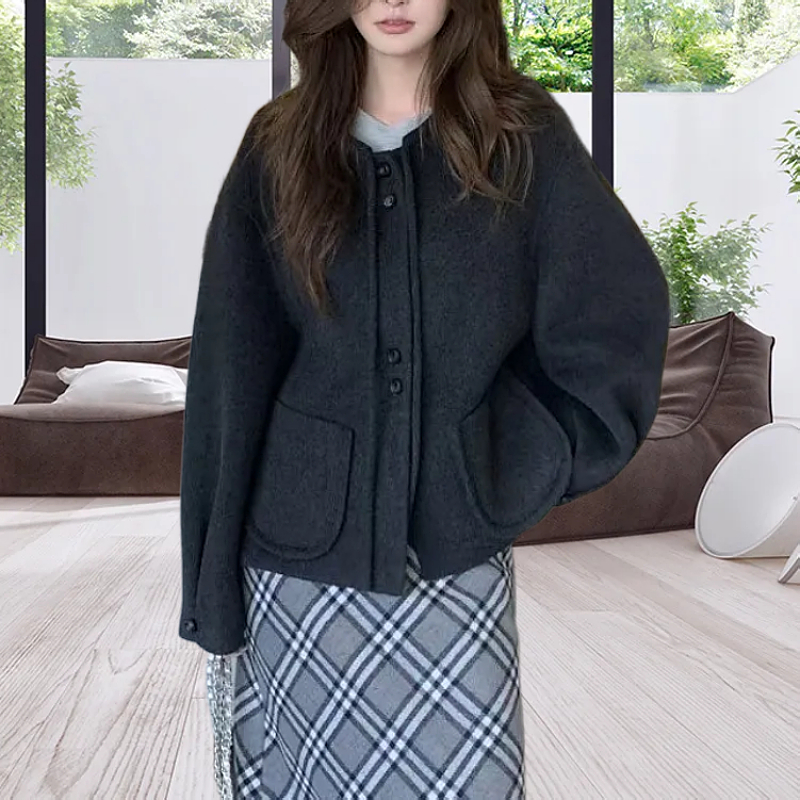 减龄韩系小香风短款毛呢外套