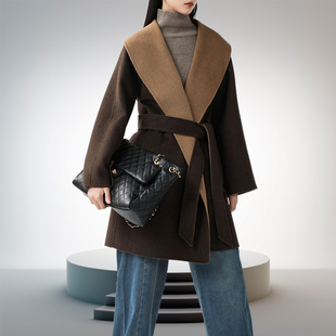 高货AB面100骆驼绒牦牛绒复古青果领双面纯手工短款女士大衣外套