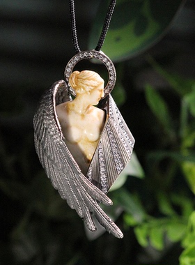 原创设计丨S925银做旧智天使羽毛翅膀新艺术风格鹿角雕刻大吊坠