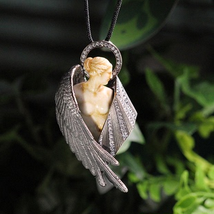 原创设计 鹿角雕刻大吊坠 S925银做旧智天使羽毛翅膀新艺术风格