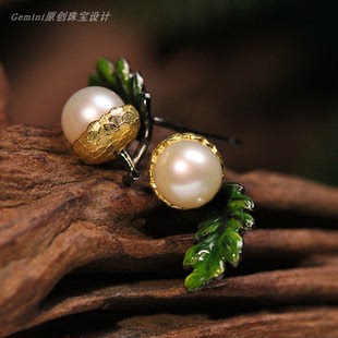 自然植物橡果系列珍珠珐琅S925银耳饰吊坠胸针戒指套装 原创设计