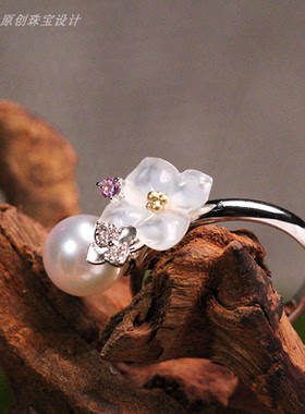原创设计丨18K金天然贝母绣球花戒指akoya珍珠钻石粉蓝宝镶嵌