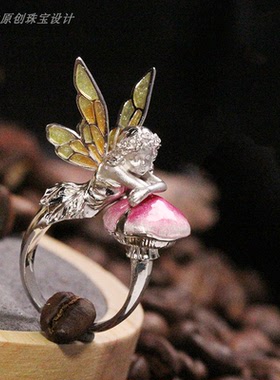 原创设计丨S925银雨林系列抱蘑菇精灵戒指珐琅戒指新艺术风格活围