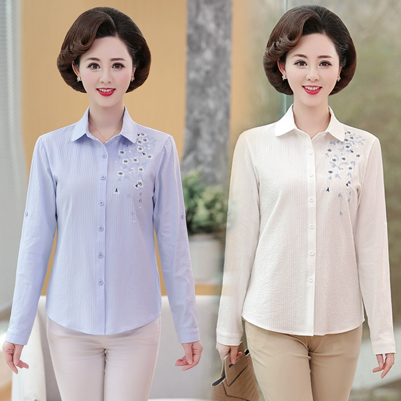 Áo sơ mi dài tay Mom mùa xuân, áo sơ mi cotton cho người già, áo sơ mi thêu bông sọc cho phụ nữ trung niên và cao tuổi - Áo sơ mi dài tay