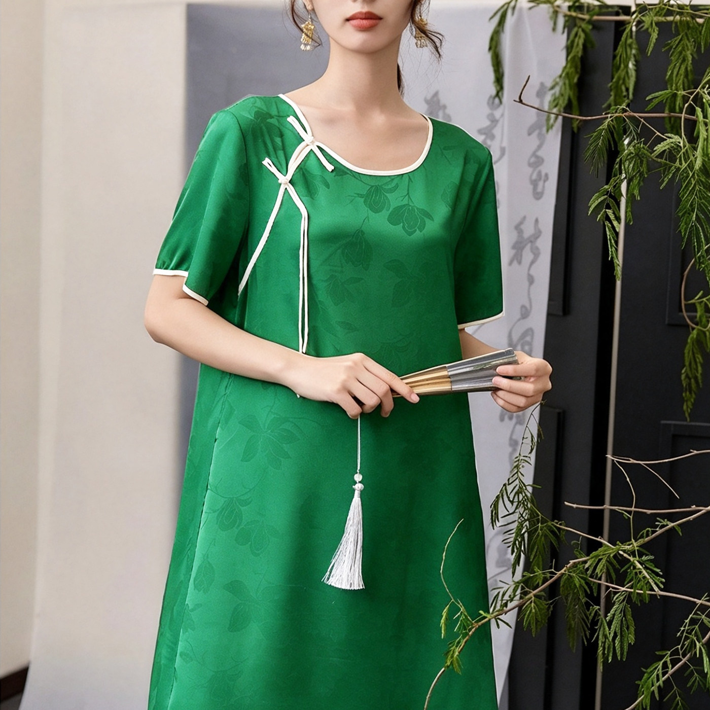 新中式风丝质睡裙女夏季短袖圆领纯色提花家居服可外穿舒适宽送