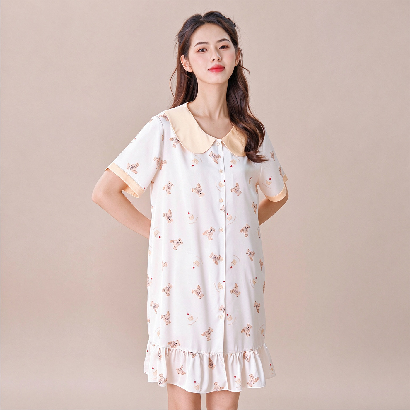 新凤舞冰丝缎面绸甜美风娃娃领睡衣女短袖开衫夏季家居服冰丝套装