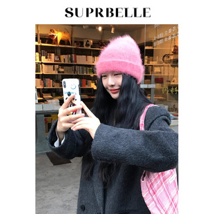 suprbelle显白韩版树莓粉兔毛针织帽子女秋冬时尚保暖护耳冷帽潮
