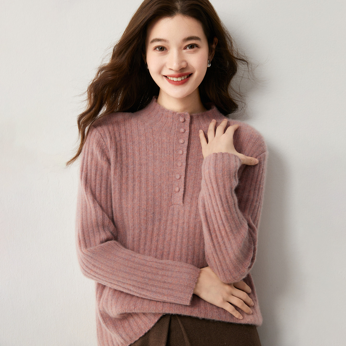 半开领纯山羊绒女款宽松毛衣