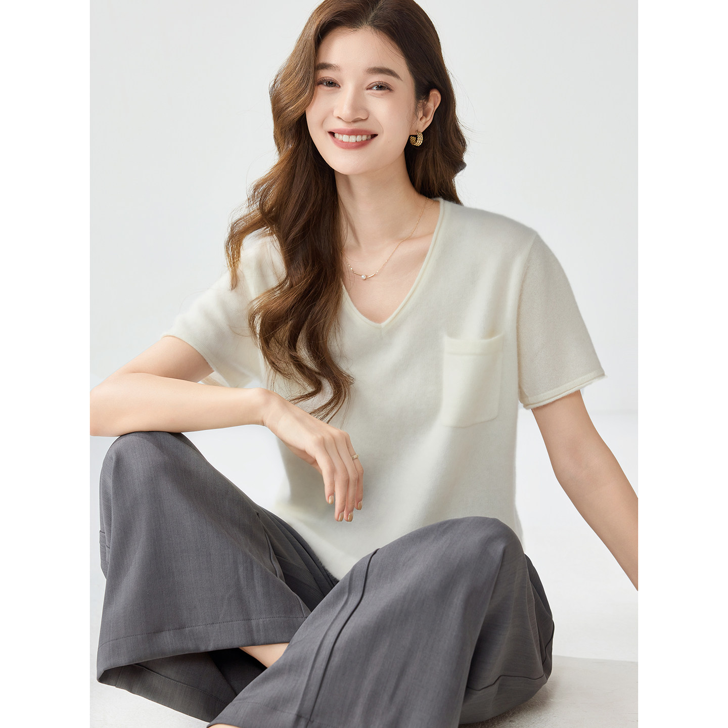 V领短袖纯山羊绒针织衫女薄款