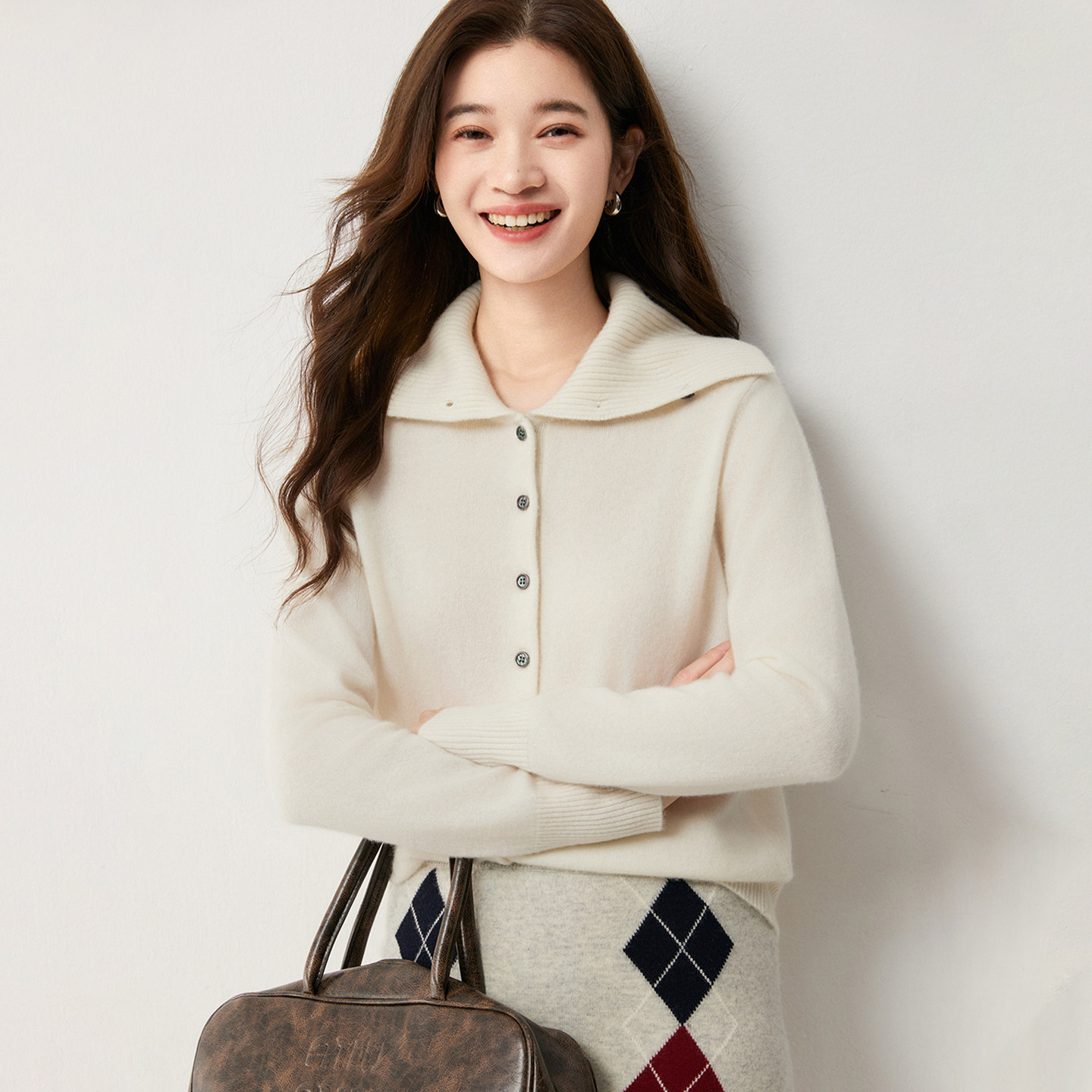 纯羊绒POLO领百搭针织开衫女